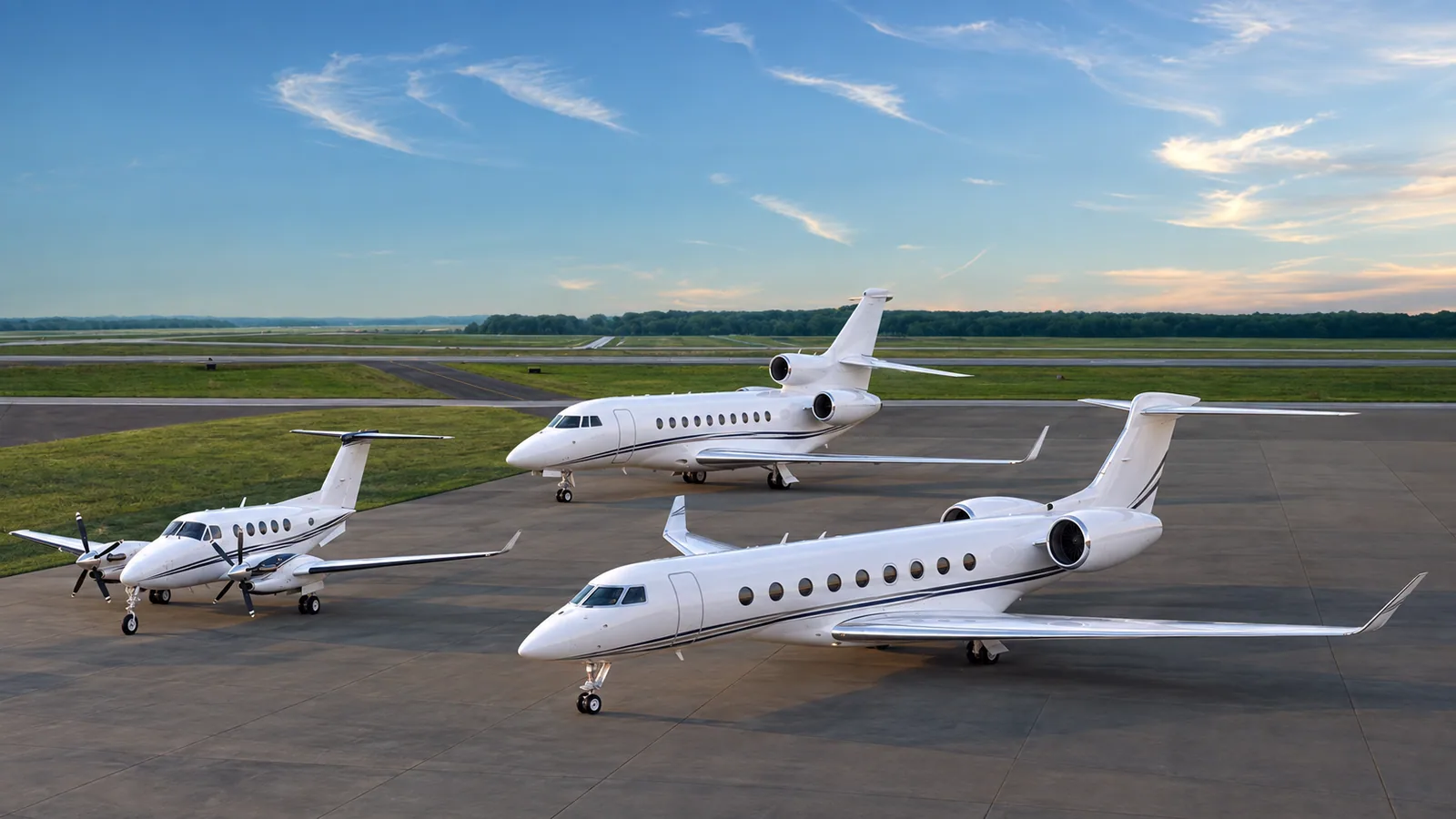 AI-generated illustration of Gulfstream, Falcon and King Air aircraft on an airport apron
